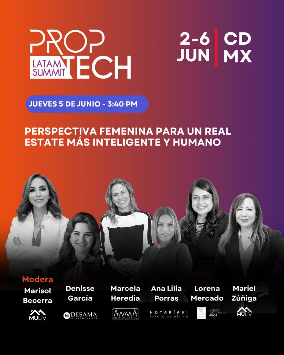 Mujeres Líderes 🏡 (@muliv_oficial) on Twitter photo 🟣 📌👩🏻 Mañana jueves 5 de junio a las 15:40, no te puedes perder nuestro panel inmobiliario en @ProptechLatam
Estarán participando <a href="/marielzuniga_/">Mariel Zúñiga</a>, Denisse García, <a href="/marcelaheiz/">Marcela Heredia</a>, <a href="/anaporrasf/">Ana Lilia Porras</a>, <a href="/Lorenamercadoa1/">Bertha Lorena Mercado</a> y <a href="/marisolbelo80/">Marisol Becerra</a>
💻 Sigue la transmisión en facebook.com/share/1AWUn6Yj 🟣 📌👩🏻 Mañana jueves 5 de junio a las 15:40, no te puedes perder nuestro panel inmobiliario en @ProptechLatam
Estarán participando <a href="/marielzuniga_/">Mariel Zúñiga</a>, Denisse García, <a href="/marcelaheiz/">Marcela Heredia</a>, <a href="/anaporrasf/">Ana Lilia Porras</a>, <a href="/Lorenamercadoa1/">Bertha Lorena Mercado</a> y <a href="/marisolbelo80/">Marisol Becerra</a>
💻 Sigue la transmisión en facebook.com/share/1AWUn6Yj