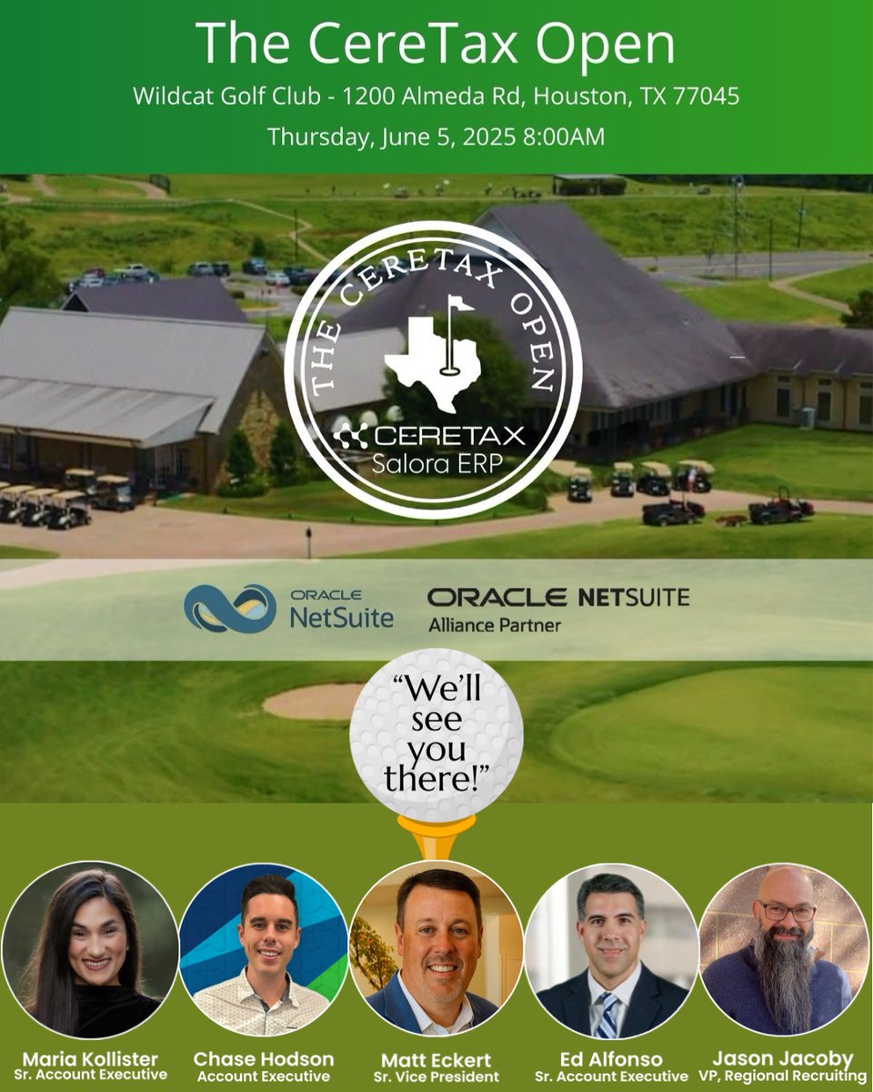 Matt Eckert, Ed Alfonso, Chase Hodson, Maria Kollister and Jason Jason Jacoby are looking FOREward to tomorrow's CereTax Open - look like it will be a great day for golf and networking!