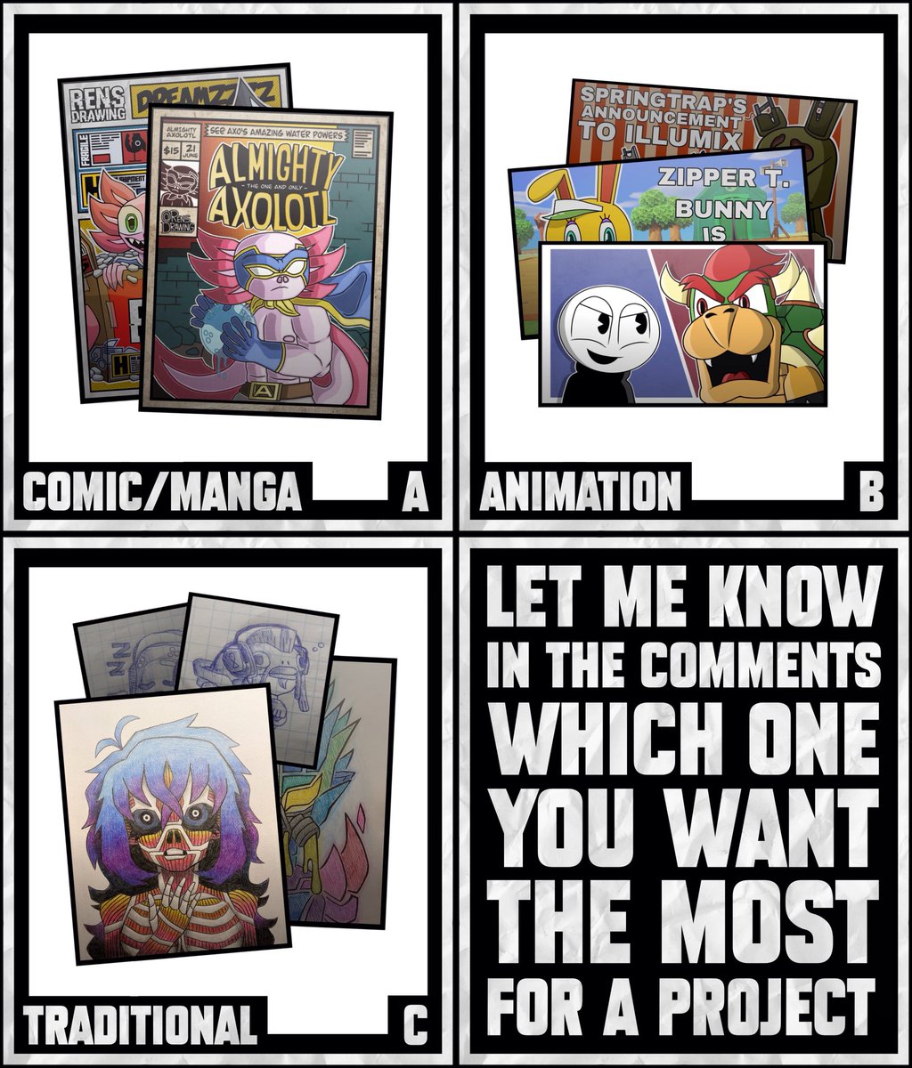 RensDrawing's tweet image. Help me choose a project idea!

I made 3 different kind of project ideas and I want you to help me choose!

Let me know in the comments which one you want to see more of!

(Other feedback or ideas that can help me are also welcome)

#artist #digitalart #projectidea
