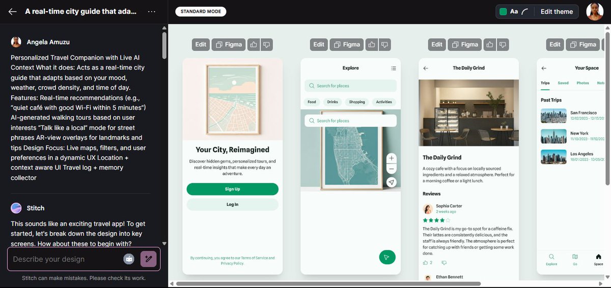 angel_kafui's tweet photo. Check out these designs made with AI for a Personalised Travel Companion. The tool used is Stitch by Google. It's super easy to turn a design idea into actual user interfaces (UI) for both web and mobile. @alx_africa #ALX_AiSK https://t.co/PytHKRPWJl
