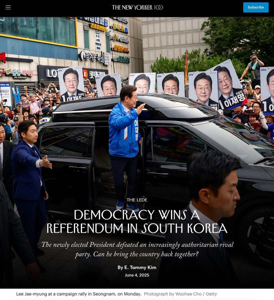 뉴요커: 대한민국의 이재명 대통령 당선은 민주주의가 제대로 작동하고 있다는 신호이자 권위주의에 대한 거부