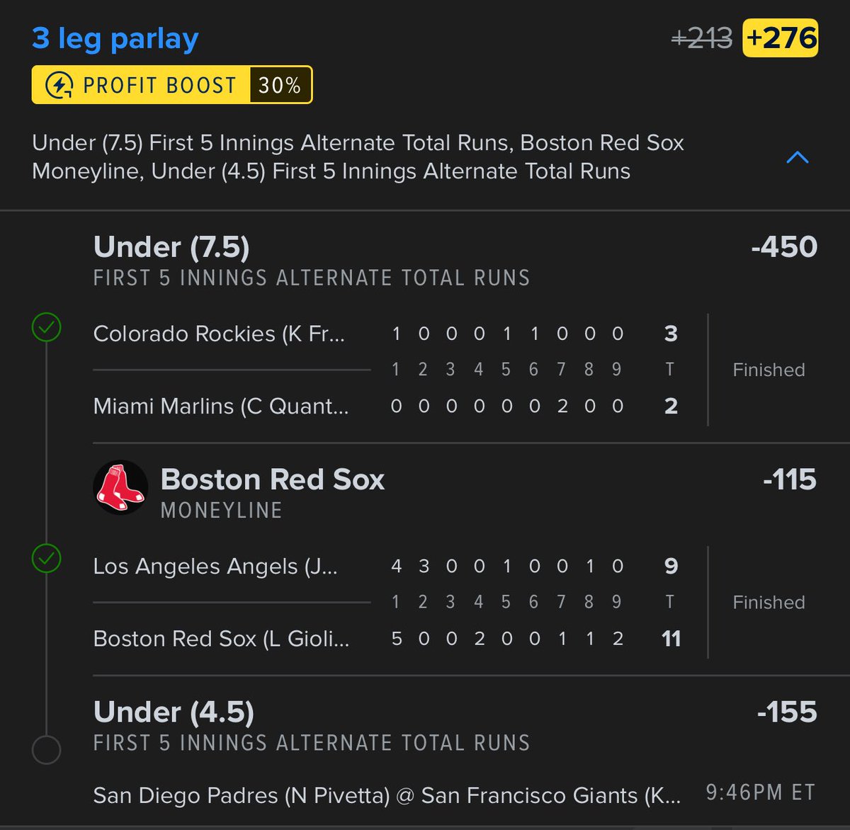 First cash of the day for Wednesday. Yes I pussed out and cashed. After sweating the Boston game , I didn’t want to sweat an under 5 on the giants game. Still doubled my money cashing early .