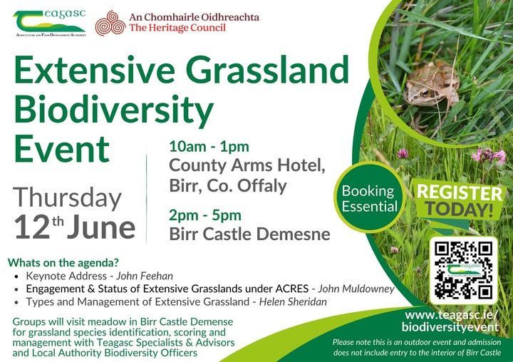 Biodiversity Ireland (@biodatacentre) on Twitter photo Join us at Birr Castle on 12th of June for the Extensive Grassland Biodiversity Event. 
 
Co-hosted by <a href="/teagasc/">Teagasc</a>  and <a href="/HeritageHubIRE/">The Heritage Council</a> , this free, hands-on day in the field is open to anyone interested in nature, farming, and biodiversity.
👉 Register  shorturl.at/ceSFM Join us at Birr Castle on 12th of June for the Extensive Grassland Biodiversity Event. 
 
Co-hosted by <a href="/teagasc/">Teagasc</a>  and <a href="/HeritageHubIRE/">The Heritage Council</a> , this free, hands-on day in the field is open to anyone interested in nature, farming, and biodiversity.
👉 Register  shorturl.at/ceSFM