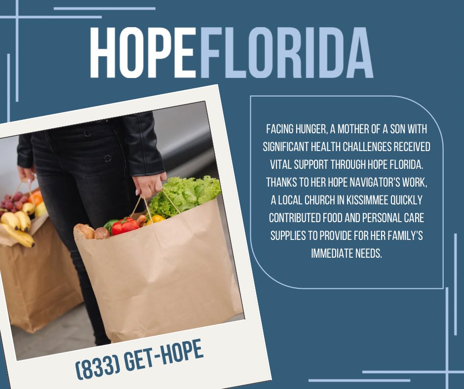 HopeFlorida's tweet image. Facing hunger, a mother of a son with significant health challenges received vital support through Hope Florida. Thanks to her Hope Navigator's work, a local church in Kissimmee quickly contributed food and personal care supplies to provide for her family's immediate needs.