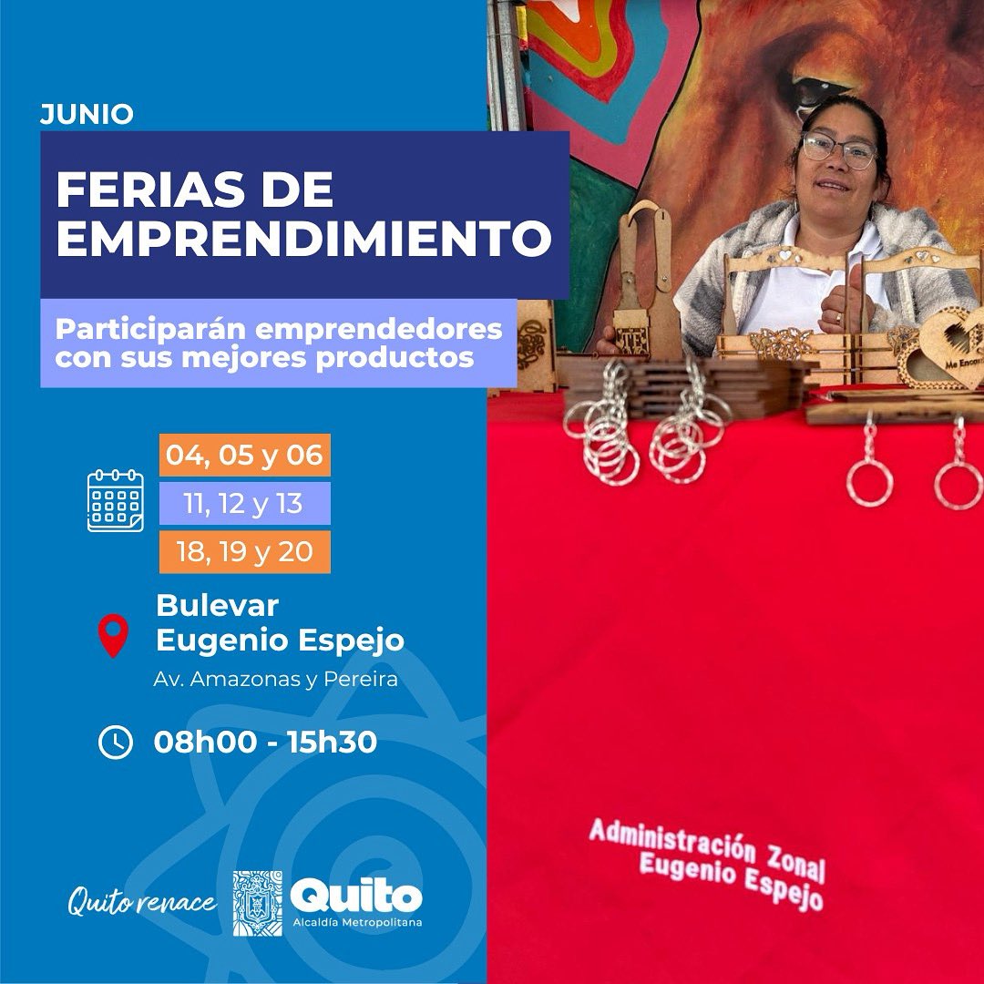 ZonalEspejo's tweet photo. 🛍️ #QuitoProductivo | ¡Lo mejor del emprendimiento local en un solo lugar!
Creatividad, esfuerzo y productos únicos te esperan en el Bulevar Eugenio Espejo.

🕗 08h00 a 15h30
📲 Revisa la agenda de la feria y no te lo pierdas.

Con el talento de nuestra gente,  #QuitoRenace https://t.co/fpJEmnQKkh
