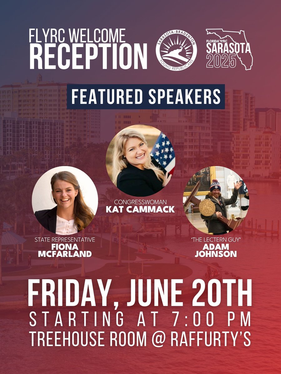 Sarasota-Bradenton Young Republicans (@srqyrs) on Twitter photo DON'T MISS IT!
We’re kicking off the <a href="/FloridaYRs/">Florida Young Republicans</a> Convention in style with Fellow YR and State Rep. - <a href="/FionaForFlorida/">Fiona McFarland</a>, <a href="/lecternleader/">The Lectern Guy🇺🇸</a> - Adam Johnson, and finally, the one and only, YR Congresswoman <a href="/Kat_Cammack/">Kat Cammack</a> !
Get Tickets now @ floridayrs.gop
#Sarasota #FLYRC2025 DON'T MISS IT!
We’re kicking off the <a href="/FloridaYRs/">Florida Young Republicans</a> Convention in style with Fellow YR and State Rep. - <a href="/FionaForFlorida/">Fiona McFarland</a>, <a href="/lecternleader/">The Lectern Guy🇺🇸</a> - Adam Johnson, and finally, the one and only, YR Congresswoman <a href="/Kat_Cammack/">Kat Cammack</a> !
Get Tickets now @ floridayrs.gop
#Sarasota #FLYRC2025