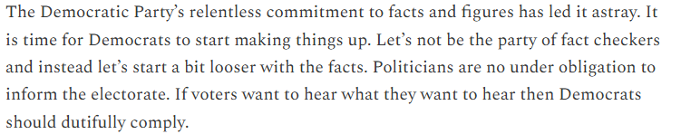 DrewSav's tweet image. My hot take: Democrats can actually learn from Trump's success. Trump has found great success by making things up. Perhaps it's time Democrats do the same. Link in replies.