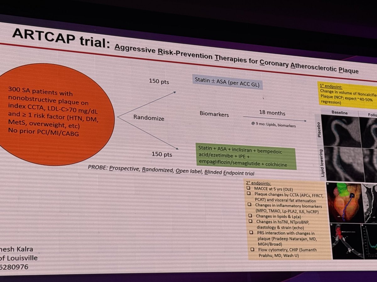 ⁦<a href="/nationallipid/">National Lipid Association</a>⁩ #NLASessions Dr. Kalra discussing his ARTCAP trial of ACC guideline treatment versus more intensive lipid lowering plus colchicine followed by MACE and plaque analysis