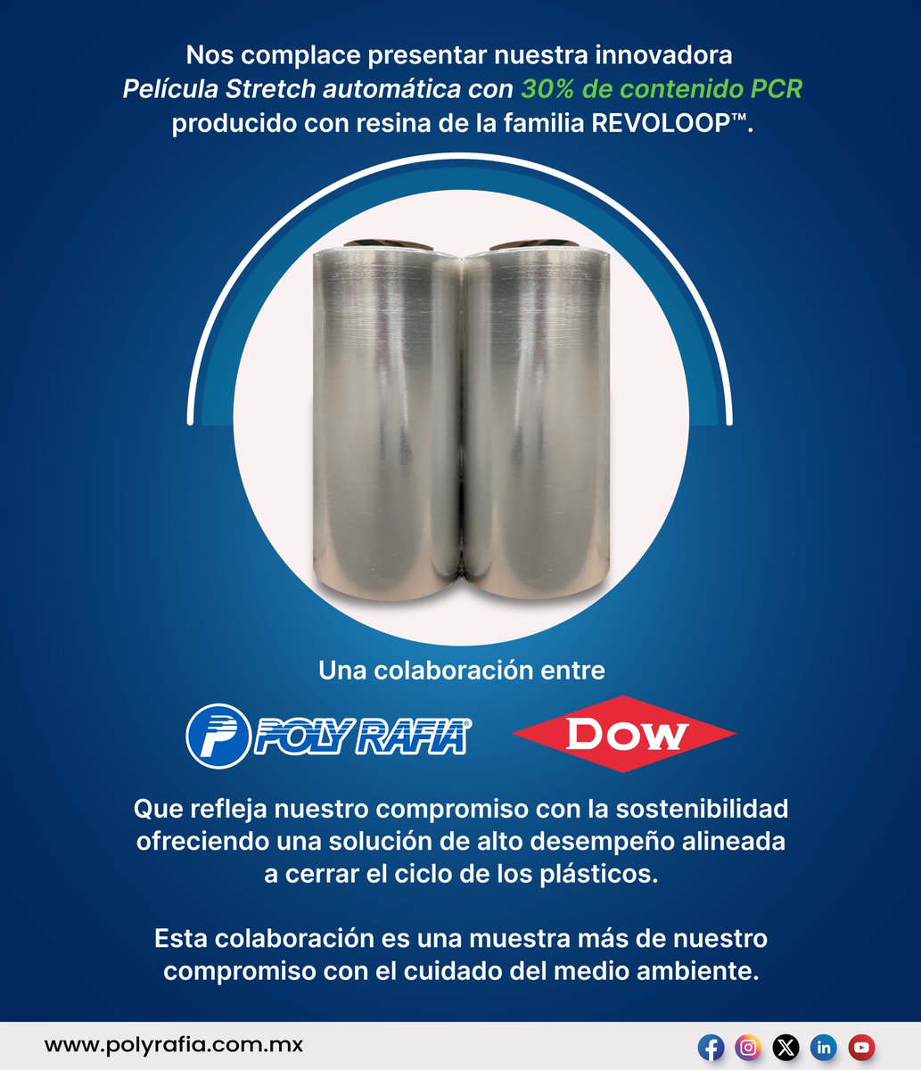 PolyRafiaMX's tweet image. Presentamos nuestra innovadora Película Stretch automática con 30% de contenido PCR, elaborada con resina REVOLOOP™,  una colaboración entre Polyrafia, SA de CV y Dow.
 
#plasticsrecycling #economíacircular #Sostenibilidad #reciclaje #innovación #down #PolyRafia #revoloop