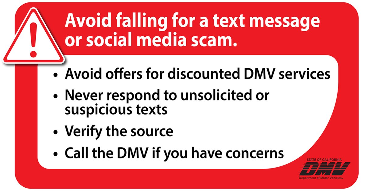 The DMV does not offer 🙅‍♀️ special deals on social media.

Do not reply to unsolicited messages asking for personal or financial information.

Always contact the DMV through official channels: 
💻📱 dmv.ca.gov
☎️ 800-777-0133
