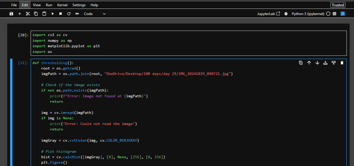 hellodamilare's tweet photo. Day 29 of #100DaysOfCode
Explored image thresholding with OpenCV. Compared Binary, ToZero, Otsu, Triangle & more + plotted the grayscale histogram!
Python + OpenCV = magic for images 🪄
https://t.co/GbxAkMHUZP
#Python #ComputerVision #OpenCV #ImageProcessing #TechTwitter https://t.co/3vlaAlMhzf