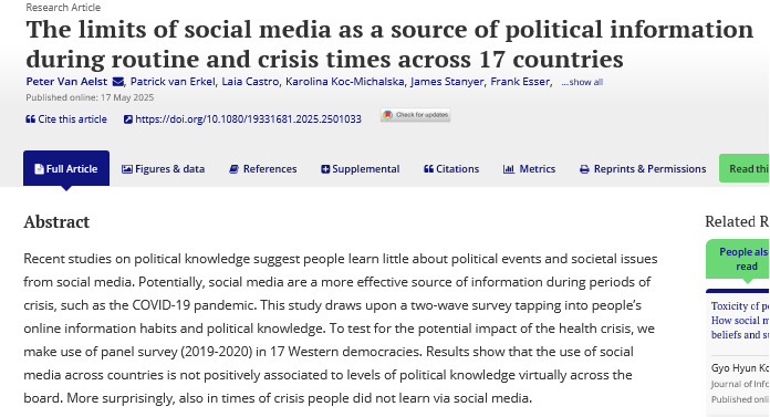Journal of Information Technology & Politics (@jitp_apsa) on Twitter photo 📢🆕📢Is social media an effective information source during a crisis? Using survey data, this study finds no positive relationship between social media and political knowledge.
➡️<a href="/laiacastroh/">Laia Castro</a> <a href="/kocmichalska/">karolina koc michals</a> <a href="/JamesStanyer1/">James Stanyer</a> <a href="/esserfrank_/">Frank Esser</a> <a href="/TorilAalberg/">Toril Aalberg</a>
👁️tandfonline.com/doi/full/10.10… 📢🆕📢Is social media an effective information source during a crisis? Using survey data, this study finds no positive relationship between social media and political knowledge.
➡️<a href="/laiacastroh/">Laia Castro</a> <a href="/kocmichalska/">karolina koc michals</a> <a href="/JamesStanyer1/">James Stanyer</a> <a href="/esserfrank_/">Frank Esser</a> <a href="/TorilAalberg/">Toril Aalberg</a>
👁️tandfonline.com/doi/full/10.10…