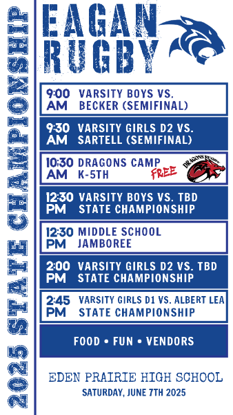 Join us THIS SATURDAY at the State Championships, with all levels of our program participating, including our Varsity Girls, Varsity Boys and Middle School, plus a FREE Dragons Rugby K-5 event open to all teams/locations.