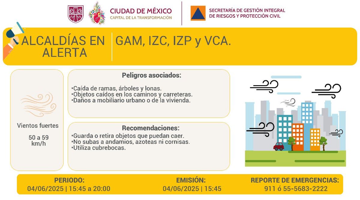 ⚠️ AVISO ⚠️

Se activa Alerta Amarilla por persistencia de vientos con rachas fuertes para este miércoles  04/06/2025 en las demarcaciones de:
<a href="/TuAlcaldiaGAM/">Alcaldía Gustavo A. Madero</a>
<a href="/IztacalcoAl/">Alcaldía Iztacalco</a>
<a href="/Alc_Iztapalapa/">Alcaldía Iztapalapa</a>
<a href="/A_VCarranza/">Alcaldía Venustiano Carranza</a>

Vía: <a href="/SGIRPC_CDMX/">Secretaría de Gestión Integral de Riesgos y PC</a>.