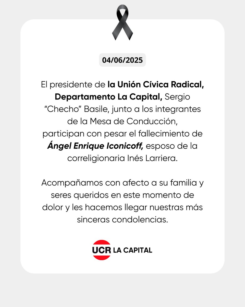 Acompañamos en este momento el dolor a nuestra correligionaria, <a href="/InesLarrieraSF/">Inés Larriera 🇦🇷</a> ante el fallecimiento de su esposo, Ángel Enrique Iconicoff. Nuestras condolencias a su familia y seres queridos.