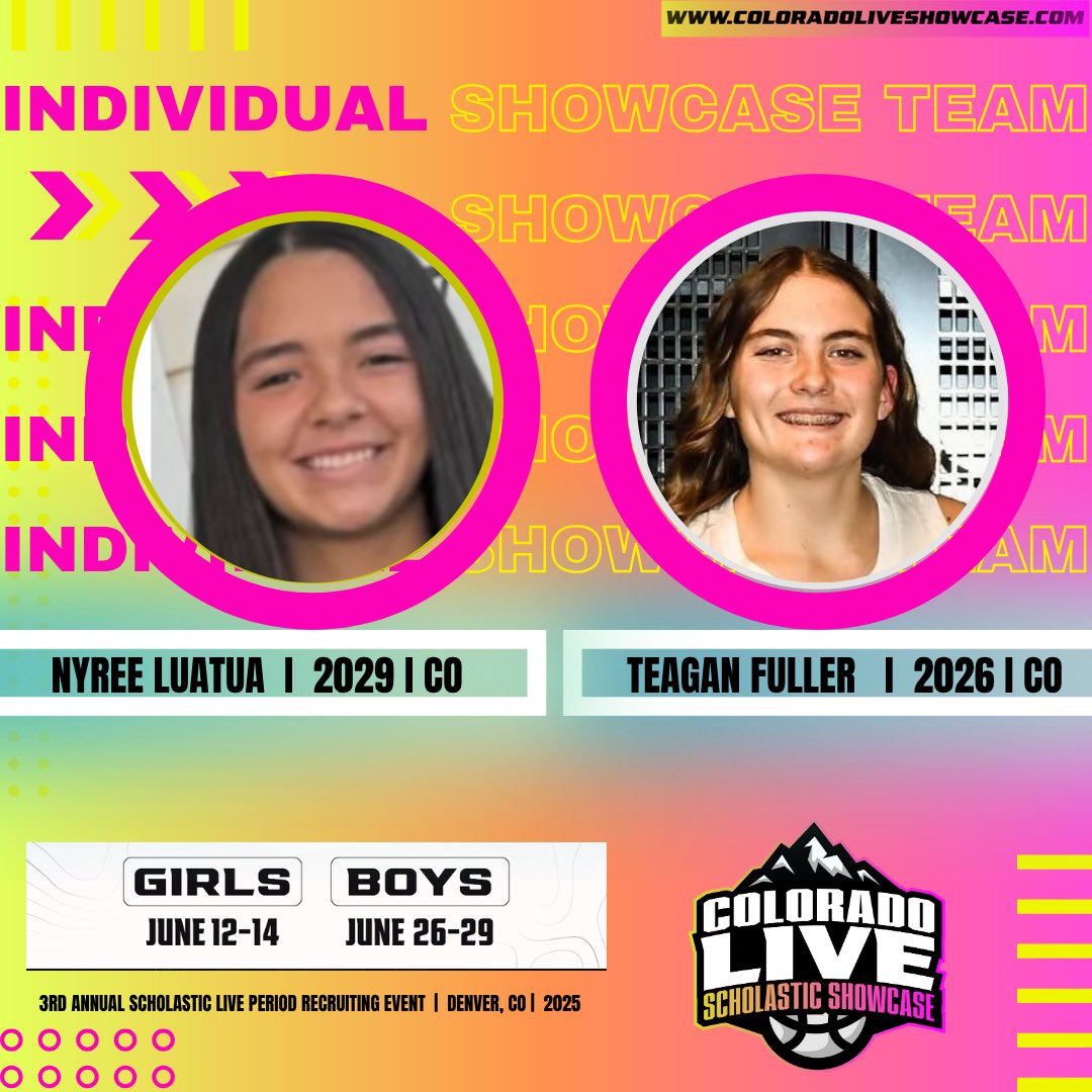 COLORADO LIVE Scholastic Showcase (@coloradolive_ss) on Twitter photo ๐จOFFICIALLY LIVEโผ๏ธ๐๐๏ธ
Welcome to Colorado Live Girls Individual Showcase Team!!
โWhere future โญ๏ธโs make their nameโ
Nyree Luatua
Teagan Fuller <a href="/TeaganFullhoops/">Teagan Fuller</a>
๐ Denver, CO
๐ June 12-14th
๐ป ColoradoLiveShowcase.com โฌ
๏ธโ
๐จOFFICIALLY LIVEโผ๏ธ๐๐๏ธ
Welcome to Colorado Live Girls Individual Showcase Team!!
โWhere future โญ๏ธโs make their nameโ
Nyree Luatua
Teagan Fuller <a href="/TeaganFullhoops/">Teagan Fuller</a>
๐ Denver, CO
๐ June 12-14th
๐ป ColoradoLiveShowcase.com โฌ
๏ธโ
