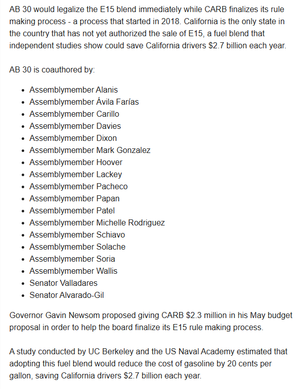 California's Assembly has unanimously passed a bill to immediately legalize E15 for the state, saving drivers money at each fill-up! We thank <a href="/AlvarezSD/">David Alvarez</a>, <a href="/HeathFloraCA/">Heath Flora</a> and <a href="/CAProblemSolver/">California Problem Solvers Caucus</a> for their support and leadership! On to the Senate!