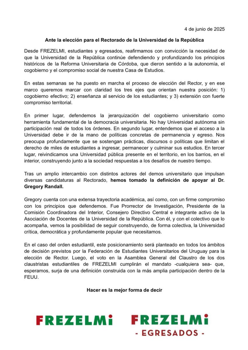 FREZELMI88's tweet photo. Desde FREZELMI manifestamos nuestro apoyo al Dr. Gregory Randall como candidato a Rector de la @Udelaruy https://t.co/NLN2LO7kvg
