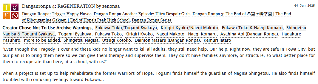 zenonaaa's tweet image. #togafuka fic 💜💚 SFW  (for now)

Chapter 4! When a project is set up to help rehabilitate the former Warriors of Hope, Togami finds himself the guardian of Nagisa Shingetsu.  

ao3: archiveofourown.org/works/64937485…
tumblr: zenonaa.tumblr.com/post/785461148…