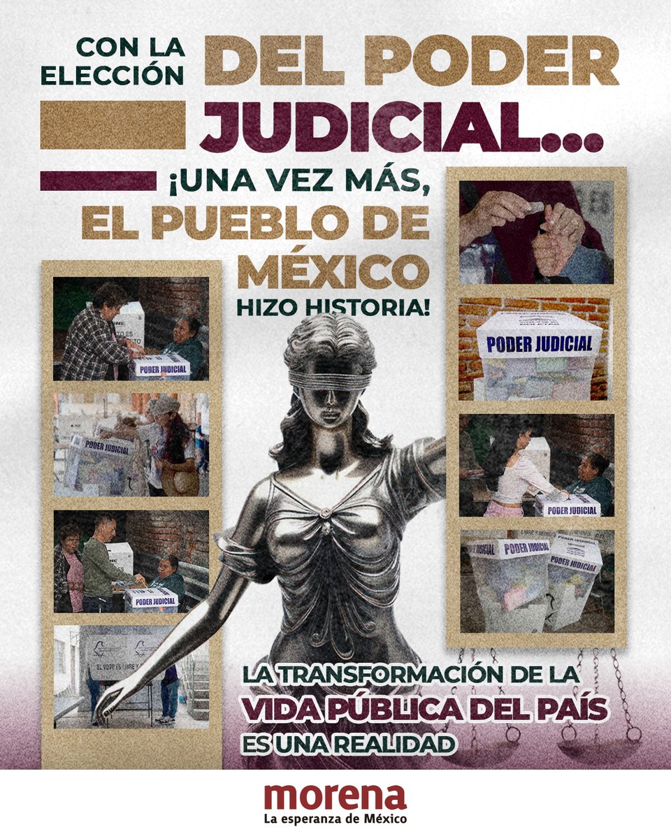PartidoMorenaMx's tweet photo. Por primera vez las y los mexicanos elegimos al Poder Judicial: es histórico.

Lo que antes decidían unos cuantos, hoy se elige por voto popular y entre más de 13 millones de mexicanos.

La vida pública del país se transforma con organización y convicción. https://t.co/gXB80bSIZt