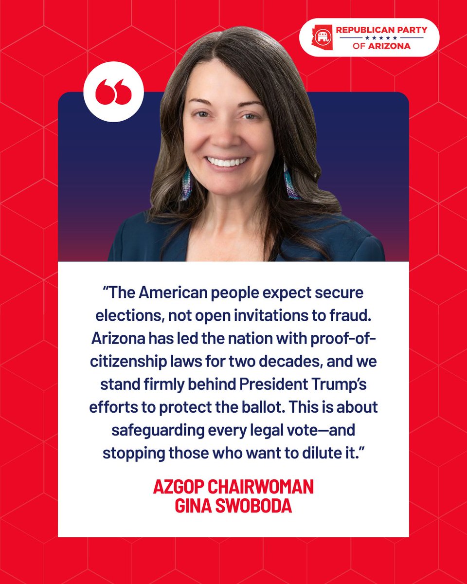 Arizona has led the nation on voter citizenship laws for 20+ years—and we’re standing strong again. <a href="/AZGOP/">Republican Party of Arizona</a> just filed an amicus brief supporting <a href="/POTUS/">President Donald J. Trump</a> order to require proof of citizenship to vote. 🇺🇸

Election integrity matters. 

Press release⬇️
azgop.com/arizona-republ…