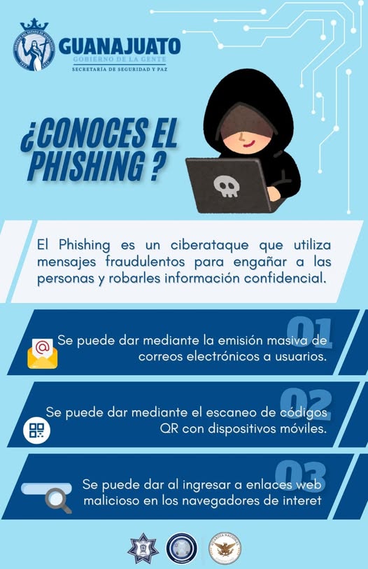 El phishing es una técnica donde los delincuentes se hacen pasar por personas o instituciones confiables como bancos, tiendas o incluso familiares para robar tu información personal o instalar malware. Protégete de engaños. 👇🏻