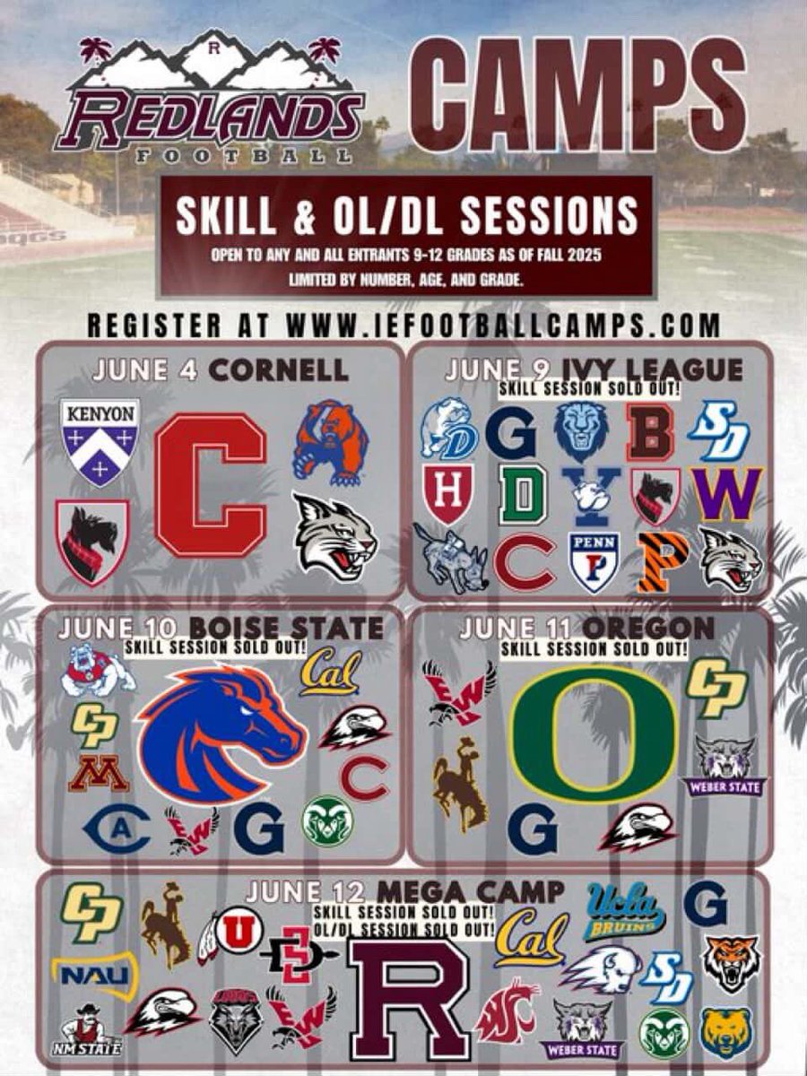 I can’t wait to attend the Redlands Football Camp today 

 <a href="/DanSwanstrom/">Dan Swanstrom</a> <a href="/Coach_Portis/">Greg Portis</a> <a href="/NAU/">NAU</a> <a href="/AztecFB/">San Diego State Football</a> <a href="/CalFootball/">Cal Football</a> <a href="/BigRed_Football/">Cornell Football</a> <a href="/TheHC_CoachLew/">🔴 Sean Lewis ⚫️</a>