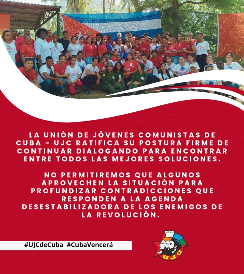 UJC de Cuba (@ujcdecuba) on Twitter photo Los jóvenes cubanos no nos dejaremos manipular y mantenemos nuestro compromiso de continuar firmes en la defensa de la Patria.
#UJCdeCuba
#SienpreJoven
#EliminaElBloqueo
<a href="/MeyvisEstevezE/">Meyvis Estevez Echevarría</a>
<a href="/DiazCanelB/">Miguel Díaz-Canel Bermúdez</a>
<a href="/DrRobertoMOjeda/">Dr. Roberto Morales Ojeda</a> Los jóvenes cubanos no nos dejaremos manipular y mantenemos nuestro compromiso de continuar firmes en la defensa de la Patria.
#UJCdeCuba
#SienpreJoven
#EliminaElBloqueo
<a href="/MeyvisEstevezE/">Meyvis Estevez Echevarría</a>
<a href="/DiazCanelB/">Miguel Díaz-Canel Bermúdez</a>
<a href="/DrRobertoMOjeda/">Dr. Roberto Morales Ojeda</a>