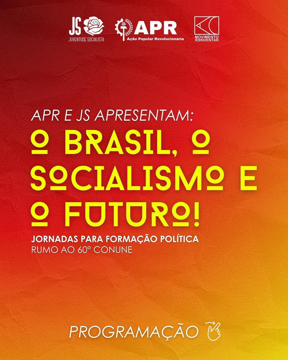 flbapnacional's tweet photo. [JUVENTUDE SOCIALISTA] 

JORNADAS PARA FORMAÇÃO POLÍTICA: O BRASIL, O SOCIALISMO E O FUTURO - RUMO AO 60° CONUNE

Inscreva-se: https://t.co/W61I8NrhGB* https://t.co/WdfbTf6av0