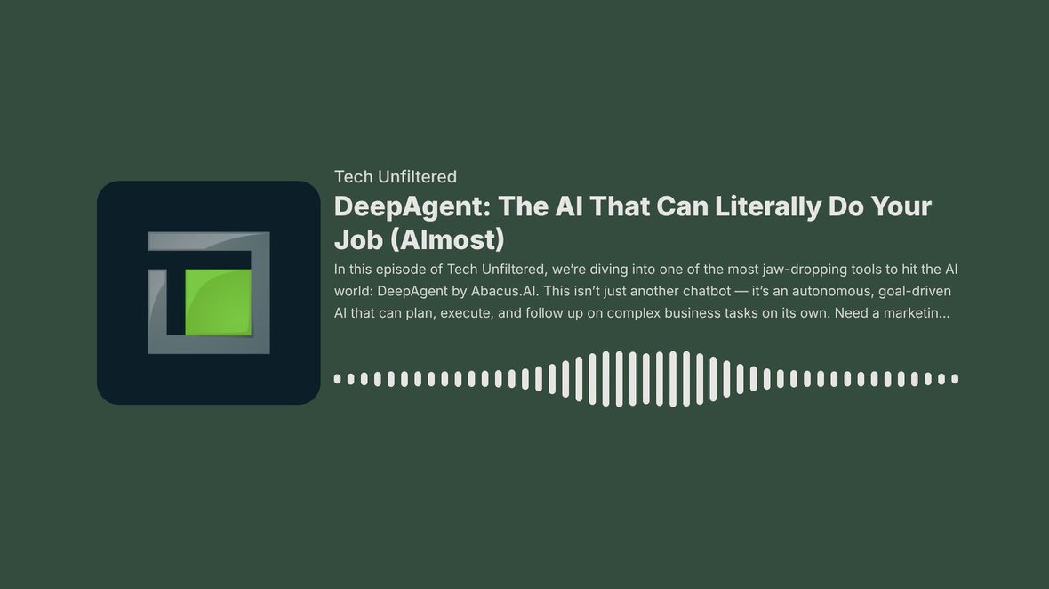 askAlHarris's tweet image. 🔥 Podcast of the Week: What if an AI could plan, execute, and follow up—without hand-holding?

This week on Tech Unfiltered, we spotlight DeepAgent by Abacus.AI

🎧 Listen now: podcast.techframework.com/episodes/6bb9d…

#TechUnfiltered #AbacusAI #DeepAgent #AIProductivity #AITools