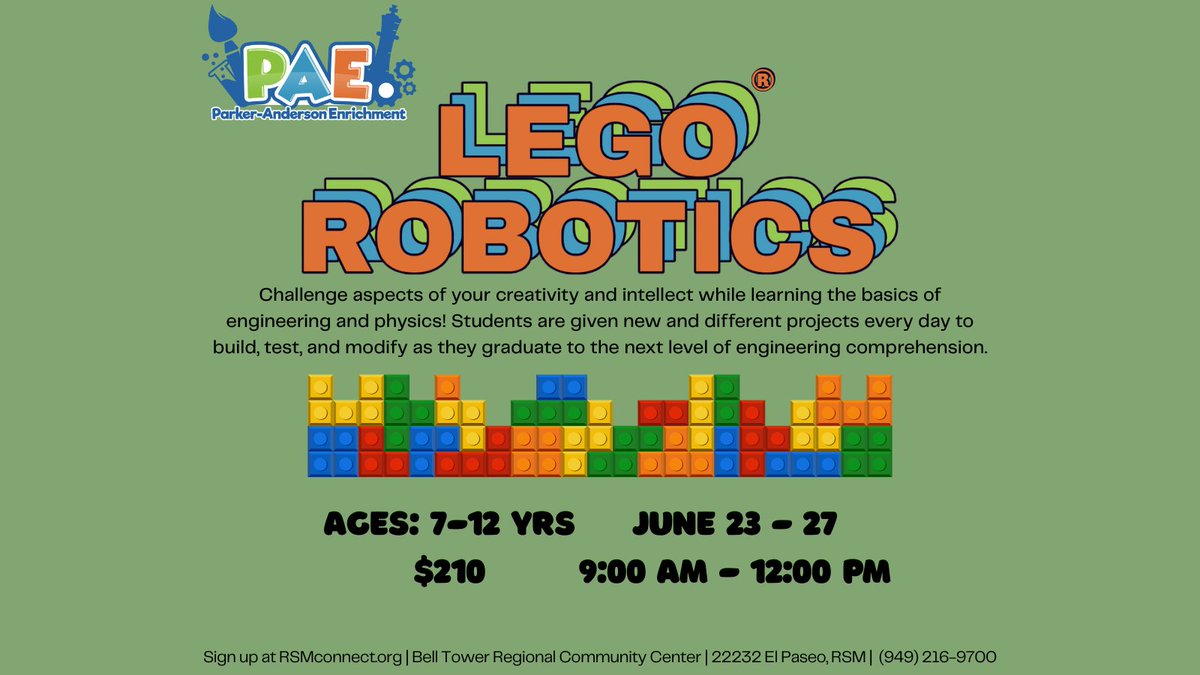 City_of_RSM's tweet image. 🤖 Build, test, and innovate in LEGO® Robotics with @parkerandersonla!
📅 June 23–27
🕘 9:00 AM – 12:00 PM
👤 Ages 7–12
💵 $210
Register at RSMconnect.org
#BTRCC #RSMcommunity #LEGORobotics