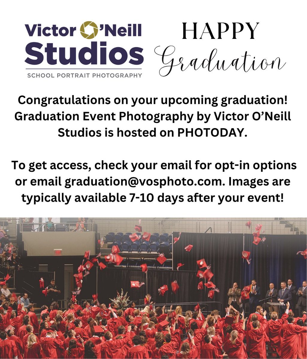 Your school should have shared opt-in information to receive notifcation of your Grad Event Images. If not, a QR may be printed in your Ceremony Program and you should have recieved emails from us in May.  if you cannot find this info, email graduation@vosphoto.com. Thank you!