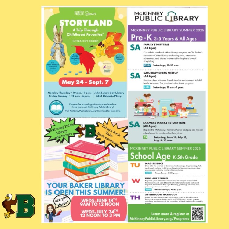 Join YOUR Bakery Library, Ms Busbee &amp; the McKinney Public Library for summer fun!  Check out books, listen to a story time &amp; enjoy fun art &amp; makerspace activities June 18th - 9 am to 12 Noon.  Great way to complete your summer reading log!  See you there! 💚 #BakerBetterTogether