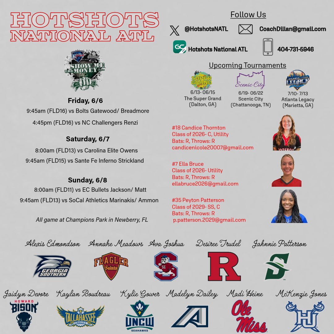 We’re headed to PGF Show Me The Money in Newberry, FL! ☀️

We have two talented 2026's focused on pursuing the right fit! <a href="/CandiceT2007/">Candice Thornton 2026</a> <a href="/ellaClairebruce/">Ella Bruce</a> 

We've also got a bonus Patterson (2029) for the week. 😎 <a href="/PPatterson2029/">Peyton Patterson 2029</a>

#BangBang 💥🥎