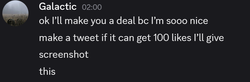 OSmart1st's tweet photo. galactic said if i get 100 like in 24 hours he will give me a titanic black hole angelus
🙏 https://t.co/wMULYEsG6Y