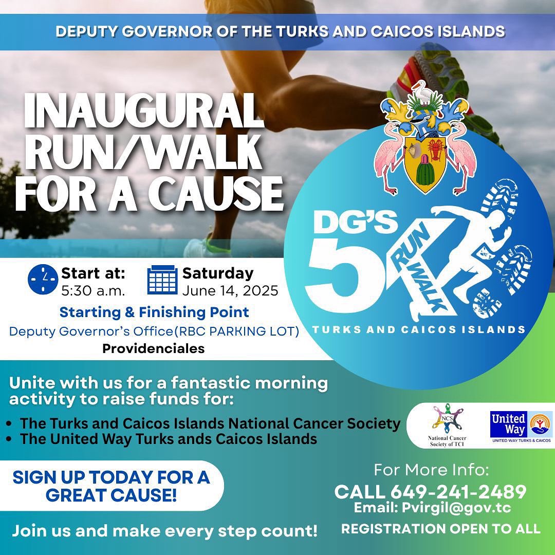 𝐃𝐆’𝐬 𝟓𝐊 𝐖𝐚𝐥𝐤/𝐑𝐮𝐧 𝐟𝐨𝐫 𝐚 𝐂𝐚𝐮𝐬𝐞

The Deputy Governor of the Turks and Caicos Islands, H.E. Anya Williams is excited to invite you, our members of the public to the very first DG’s 5K Walk/Run for a Cause on Saturday on Saturday June 14th, 2025! #DG5K