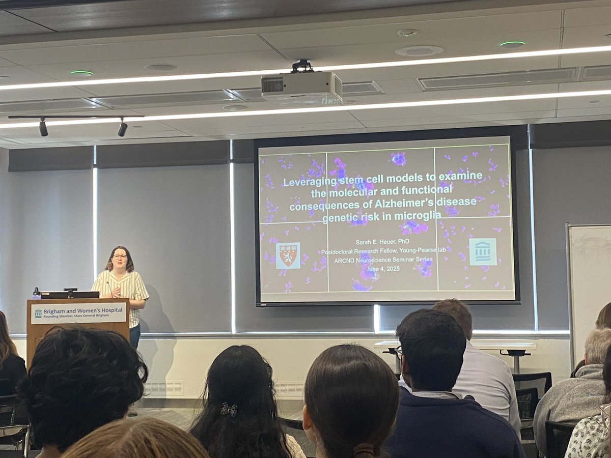YoungPearseLab's tweet image. Proud of our amazing postdoc @Heuerwego 👏 who gave a fantastic talk today on her work leveraging stem cell models 🧫to examine the molecular and functional consequences of Alzheimer's disease genetic risk in microglia today as part of the BWH Neuroscience Seminar Series!