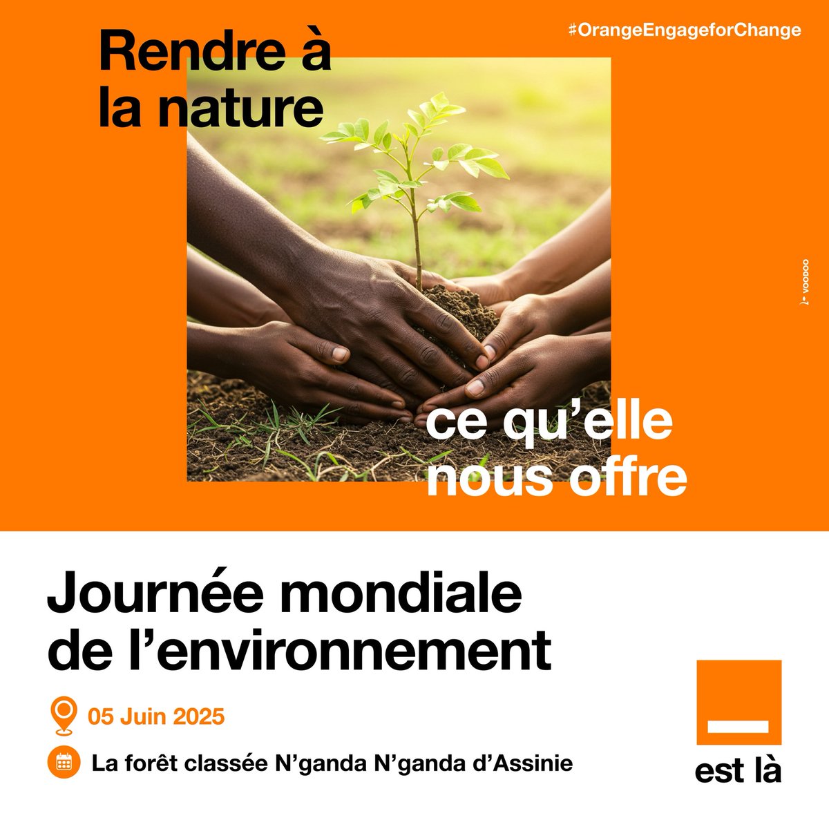 🌱 À l’occasion de la #JournéeMondialeDeLEnvironnement, Orange CI, la Fondation YES et leurs partenaires planteront des arbres dans la forêt classée N’ganda N’ganda le 5/6 à Assinie.
Un geste simple pour un impact durable. 🌍

#OrangeEstLà #OrangeEngageforChange  #PlantingDArbres