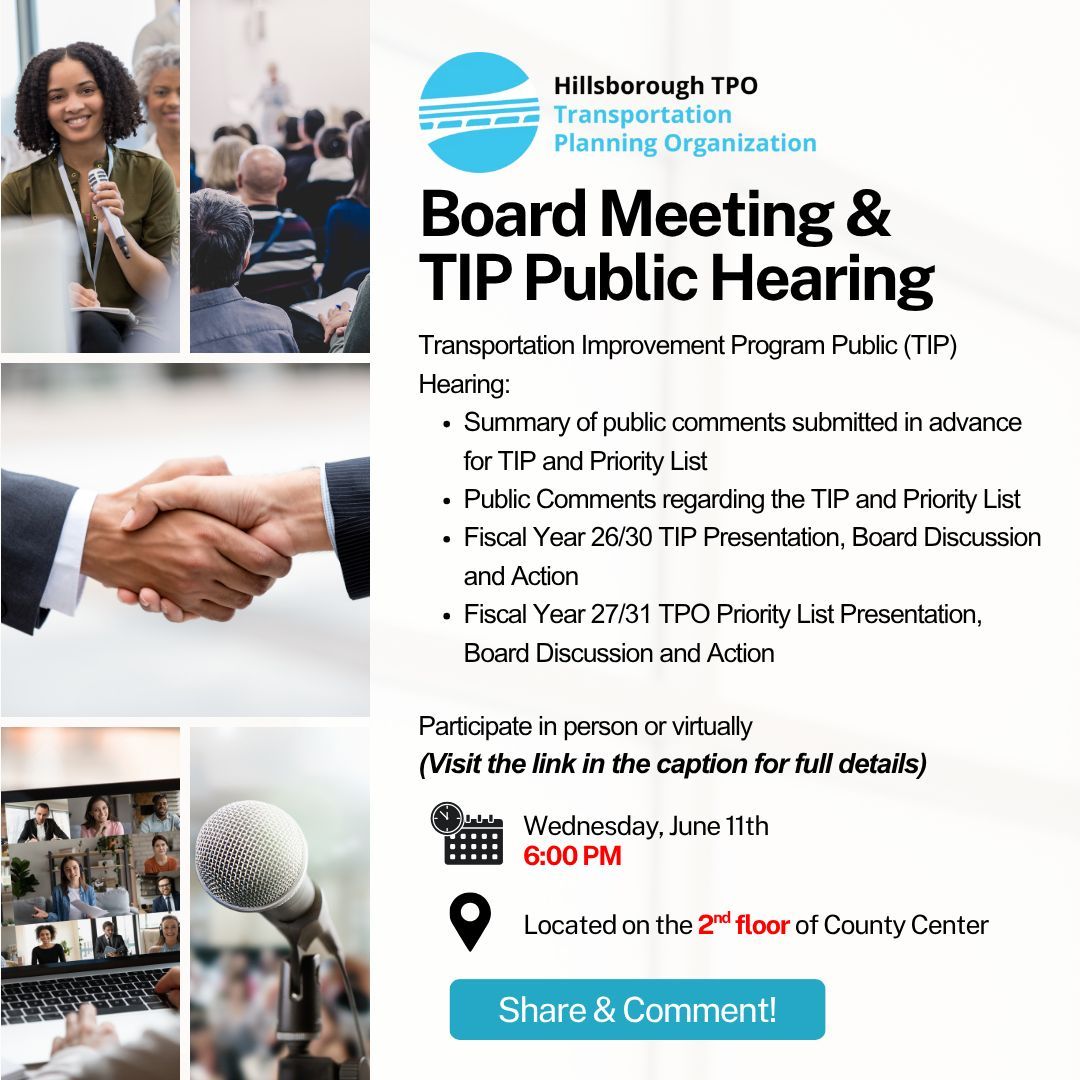 We hope to see you on June 11th at 6 pm on the second floor of County Center for our annual TIP Public Hearing. At this meeting the Board will update the TIP and the TPO Priority List. This is a great opportunity to let your voice be heard. Share your feedback by leaving a