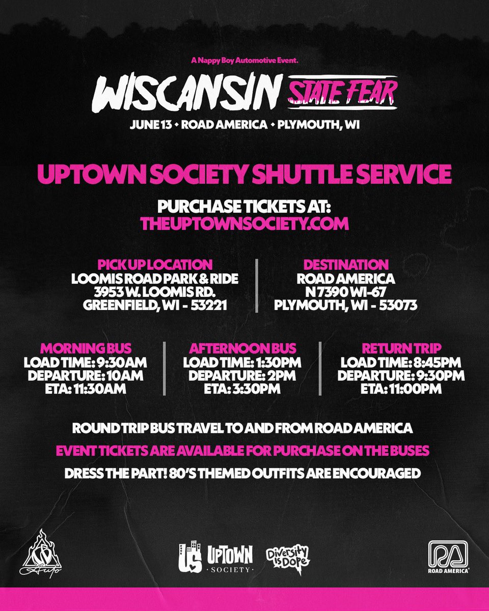 Nappy Boy Automotive (@nappyboyauto) on Twitter photo Don’t feel like driving to Wiscansin State Fear? Let Uptown Society do it for you. Big love to @uptownmke for stepping up and making sure nobody misses out 🫶🏿.
Two bus options leaving straight from Milwaukee and heading to the chaos at <a href="/roadamerica/">Road America</a>. Check out all info regarding Don’t feel like driving to Wiscansin State Fear? Let Uptown Society do it for you. Big love to @uptownmke for stepping up and making sure nobody misses out 🫶🏿.
Two bus options leaving straight from Milwaukee and heading to the chaos at <a href="/roadamerica/">Road America</a>. Check out all info regarding