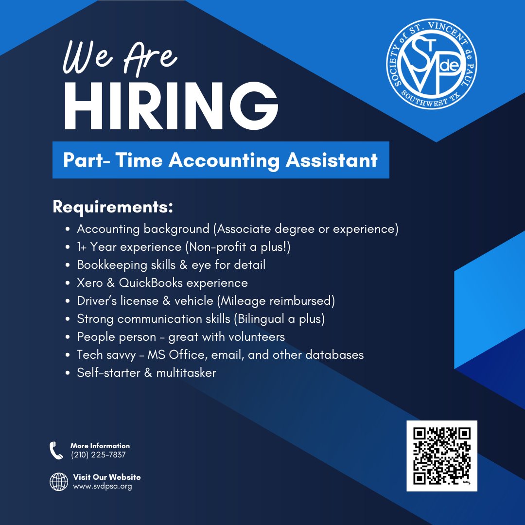 SvdpSwtx's tweet photo. 📣 We’re hiring at Society of St. Vincent de Paul Southwest Texas! Looking for someone with bookkeeping or accounting experience + a heart for service ❤️
📍 Apply now: https://t.co/qxGmefarS2
#NowHiring #NonprofitJobs #AccountingJobs #JoinOurTeam https://t.co/sA1pUjNDnb