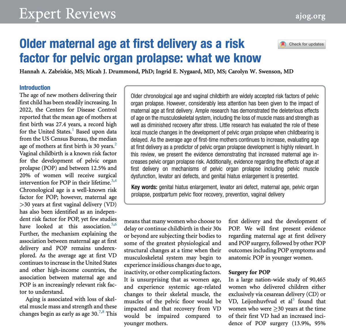 AJOG Expert Review:  Older maternal age at first delivery as a risk factor for pelvic organ prolapse: what we know ow.ly/z9Ng50W4uVP