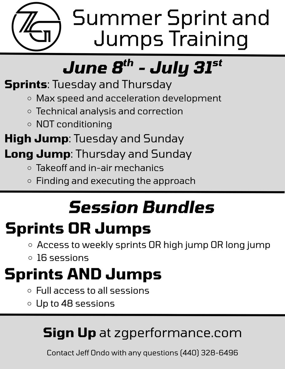 Coach Ondo (@coachondo) on Twitter photo Summer Training with <a href="/ZG_Performance/">Zero Gravity Performance</a> starts soon! 🚀
We have sessions for sprints, high jump and long jump
If you’re looking to improve in any of these events, come join us this summer! Summer Training with <a href="/ZG_Performance/">Zero Gravity Performance</a> starts soon! 🚀
We have sessions for sprints, high jump and long jump
If you’re looking to improve in any of these events, come join us this summer!