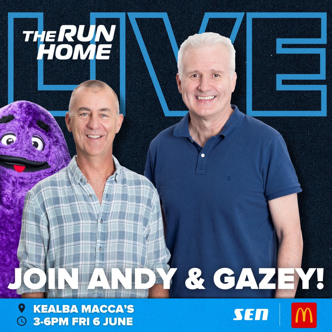 Calling all Run Home fans!

Join Andy &amp; Gazey at Kealba <a href="/maccas/">McDonald's Australia</a> for a LIVE show! 🍟 

53 Sunshine Avenue, St Albans VIC 3021

Grimace will be there from 3:30pm! Also grab 6 Piece Chicken McNuggets for only $3! 

Come say G'day! This Friday, 3-6pm. 🤝