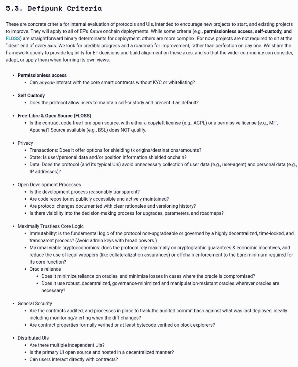 Details on what Ethereum's deeper goals mean.

Permissionless access, self-custody friendliness, open source (not BSL), all including at the UI layer, minimal viable governance

Within open source, increasingly favoring copyleft (eg. GPL variants)