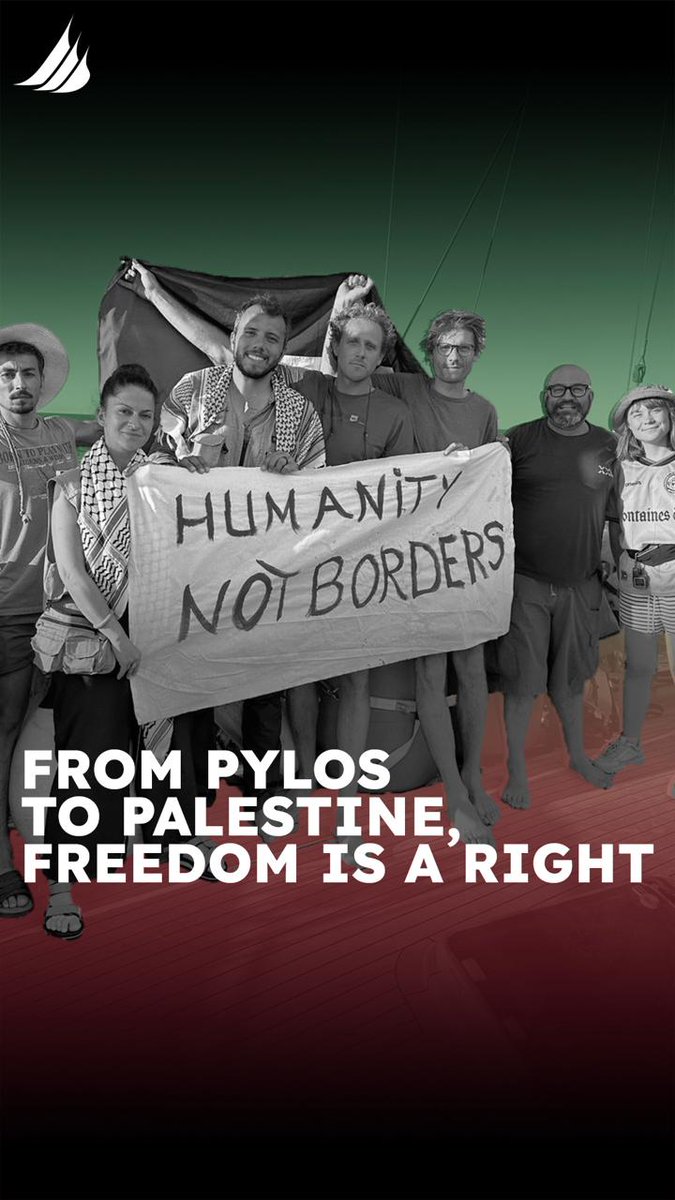 GazaFFlotilla's tweet photo. 600+ people drowned in these waters, left to die by Europe while seeking safety. 

Today, we pass through this same sea on the 'Madleen', sailing to break sieges and borders. From Pylos to Palestine, from the Mediterranean to the fences of Fortress Europe, colonial violence lives on through closed borders, climate collapse, and apartheid regimes.  

Freedom of movement isn’t a privilege. It’s a right. That’s why 'Madleen' sails.  

#Pylos #MadleenToGaza #AbolishBorders #DecolonizeNow #FortressEuropeKills #FreePalestine