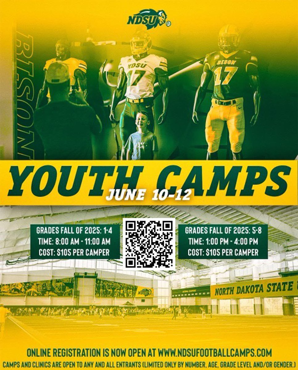 Bison Football Chronicles (@ndnextup) on Twitter photo NDSU Youth Camp/<a href="/NDSUfootball/">NDSU Football</a>
-June 10-12th
-Grades Fall Of 2025- 1st-4th
@ 8:00am- 11:00am
-Grades Fall Of 2025- 5th-8th
@ 1:00pm-4:00pm
-Learn the fundamentals of football from current Bison players and coaches!
ndsufootballcamps.com/2025-camps.cfm
#NDSU #GoBison #RollHerd NDSU Youth Camp/<a href="/NDSUfootball/">NDSU Football</a>
-June 10-12th
-Grades Fall Of 2025- 1st-4th
@ 8:00am- 11:00am
-Grades Fall Of 2025- 5th-8th
@ 1:00pm-4:00pm
-Learn the fundamentals of football from current Bison players and coaches!
ndsufootballcamps.com/2025-camps.cfm
#NDSU #GoBison #RollHerd