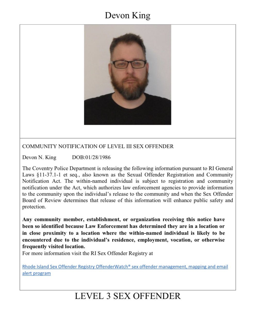 🚨Community Notification of Level III Sex Offender 🚨

➡️ Devon N. King   DOB: 01/28/1986

🔗 For more information visit the RI Sex Offender Registry at:

icrimewatch.net/offenderdetail…