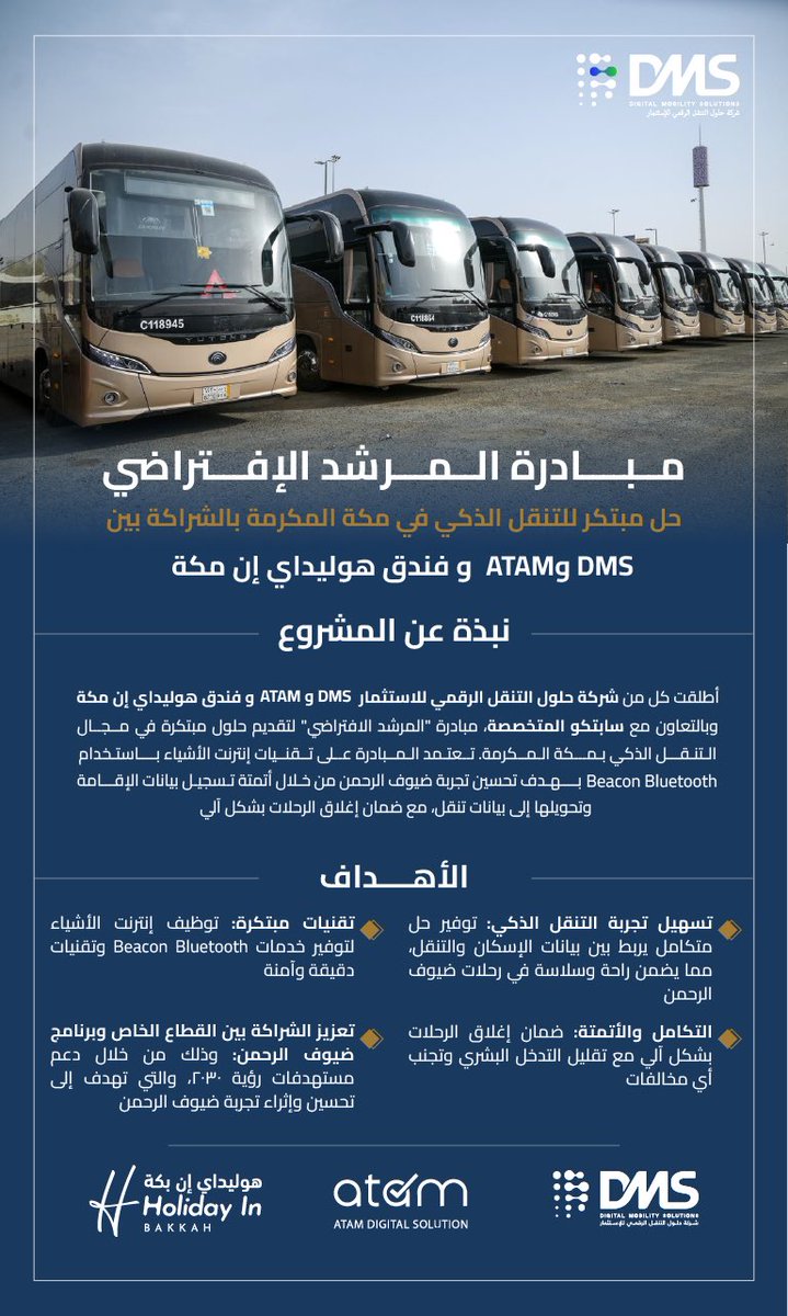 أطلقت شركتا DMS و ATAM أجهزة استشعار حرارية متطورة مرتبطة ببطاقة "نسك"، عبر حافلات "سابتكو المتخصصة" وذلك لإدارة نقل الحشود داخل المشاعر المقدسة خلال موسم الحج لهذا العام ١٤٤٦هـ.

تمثل هذه التقنية الجديدة خطوة مبتكرة تم تنفيذها لأول مره لهذا العام بالشراكة مع فندق "هوليدي إن