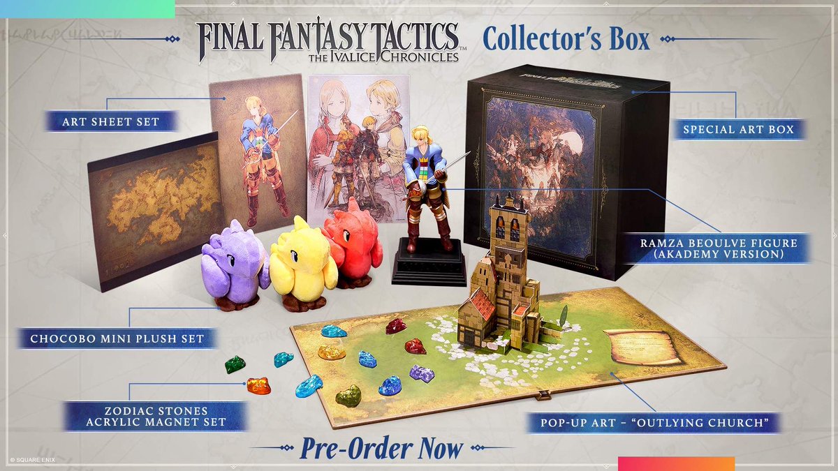 capitalolvidada's tweet photo. ¡Y ojo a la edición coleccionista de #FinalFantasyTactics!

🔷  Caja especial
🔷  Figura de Ramza
🔷  Acrílicos de las piedras zodiacales
🔷  3 peluches de chocobo
🔷  Maqueta de la iglesia
🔷  Set de láminas https://t.co/OTyEYLh9oa